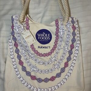 Tag Aloha Whole Foods Market Hawai'i Canvas Tote with Purple Lei Print